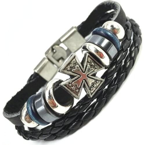 2016 New Punk Vintage Skull Cross Charm Cuff Genuine Leather Bracelets & Bangels for Women Homme Men Jewelry Accessories