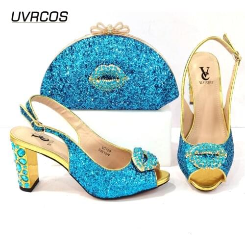 2021 Italian Design New Arrival Nigerian fashion Ladies Shoes and Bag Set With Sky Bule Color Decoration for Party Wedding