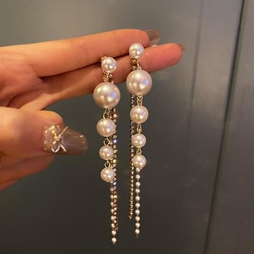 2021 New Fashion Kortean Long Dangle Earrings For Women Full Crystal Pearl Tassel Drop Earring Vintage Gold Brincos Jewelry