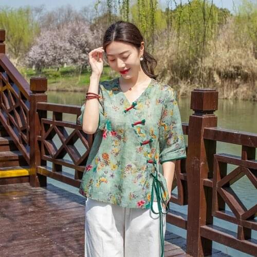 2021 chinese tops qipao shirts flower printed chiffon blouse cheongsam satin ladies traditional chinese clothing for women