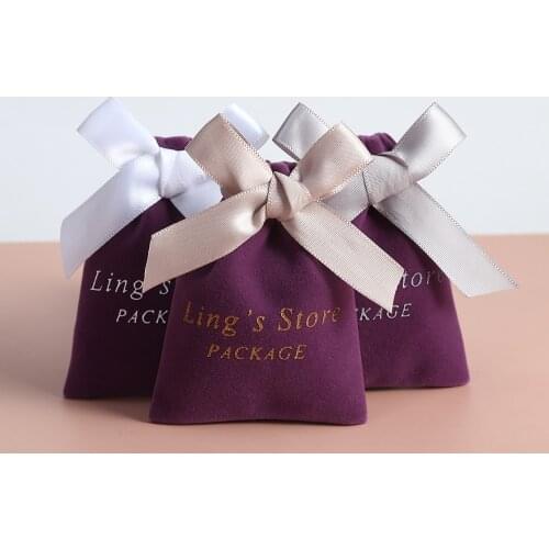 50pcs Velvet Bag with Ribbon Cotton Flannel Jewelry Bag Gift Pouch for Party Wedding Christmas Custom Logo Candy Bag Packing