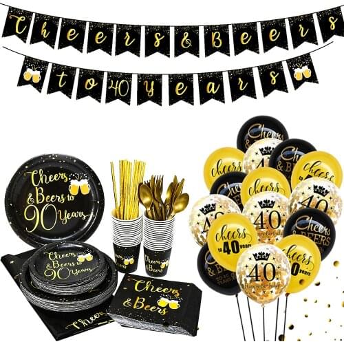 30th 40th 50th Birthday Party Bronzing Paper Plate Cup Disposable Tableware Happy Birthday Balloons Banner Decorations Supplies