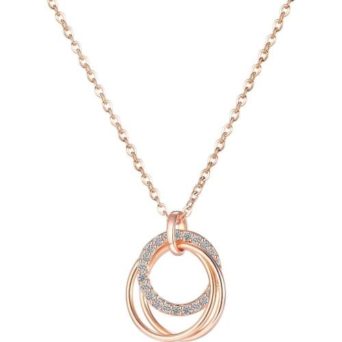 Cyue Rose Plated Stainless Steel Fashion AAA CZ Three Ring Circle Pendant Necklace Chain Fashion Jewelry ZYN063 Birthday Gift