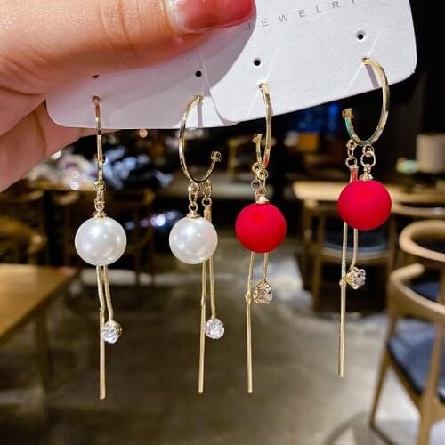 Elegant Korean Simulated White Red Pearl Drop Earrings Women Luxury Geometric Heart Flower Petal Tassel Wedding Dangle Earrings