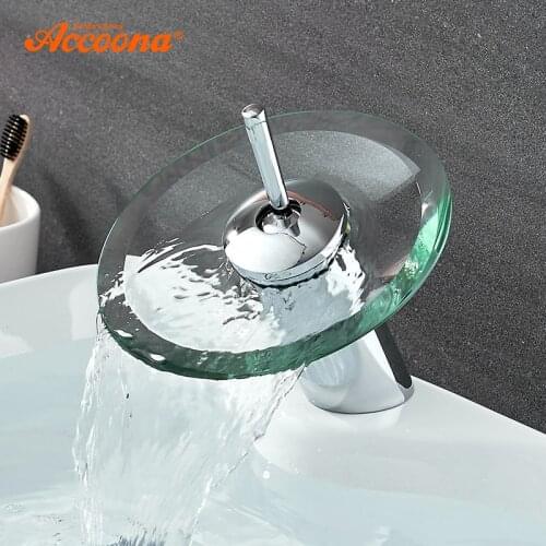 Accoona Circular Glass Basin Faucet Single Handle Centerset Waterfall Bathroom Sink Basin Faucet With Hot Cold Water A9090