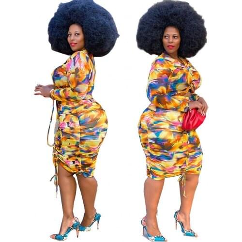 Large Size Long Sleeve Dress Summer New Trend High Quality African Dress Slim Pleated Print Womens Casual Dress Dashiki