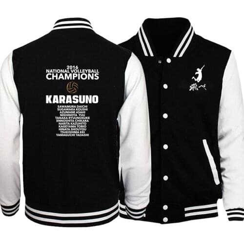 Cartoon Haikyuu champions letters print male baseball uniform black white tops oversized loose jacket winter casaco masculino
