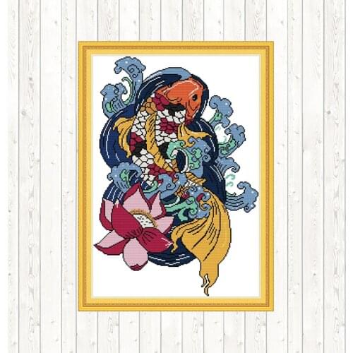 Rich Fish Cross Stitch Sets Needlework Embroidery 14ct 11ct Count Print Canvas DIY Handmade DMC Cotton Thread Printed Canvas Kit