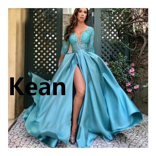 Sky Blue Evening Dresses High Slit Illusion robe de soiree Evening Gowns Prom Dress Vestidos De Festa