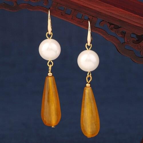 NEW ethnic pearl long earrings vintage yellow water drop earrings for women and girl jewelry серьги
