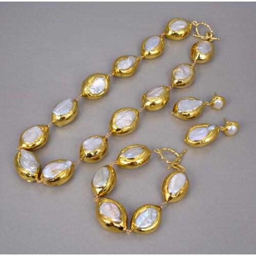 Natural Cultured Baroque Keshi Pearl Necklace Keshi Pearl Gold Color Plated Bracelet Earrings Sets For Women