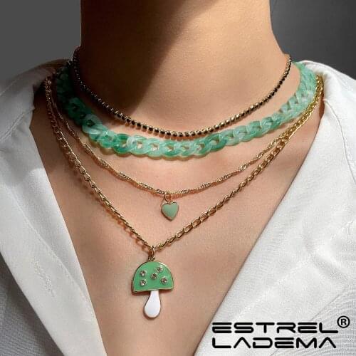 Green Multi Layer Enamel Big Mushroom Acrylic Thick Chain Necklace For Women Heart Crystal Tennis Chain Necklaces Collar Jewelry