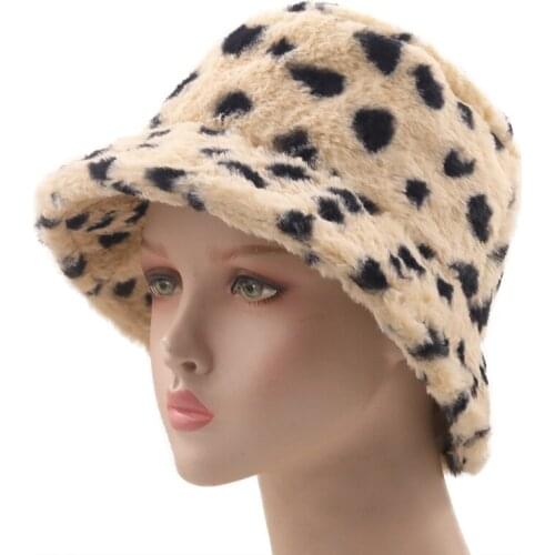 New Winter Leopard Print Faux Fur Plush Bucket Hats For Women Outdoor Warm Sun Hat Soft Velvet Fisherman Cap Lady Fashion Panama