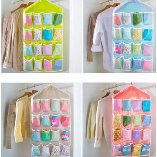 Wardrobe Clothing Hang bag Storage bags Underwear Socks Storage Hanging Bags 16 Grid Cloth Washable Blue