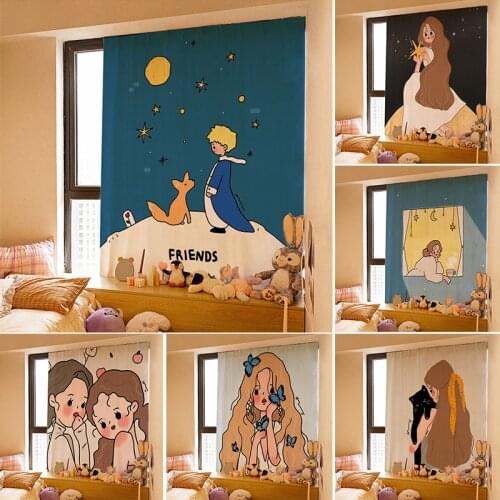 Ins Style Curtain Cartoon Character Short Curtain Velcro Self-adhesive Window Screen Washable Printed Drapes Kitchen Home Decor