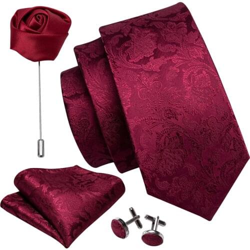 Mens Wedding Tie Red Paisley Solid Silk Neck Ties For Men Gravat Handkerchief Cufflink Brooch Set Barry.Wang Designer FA-5509