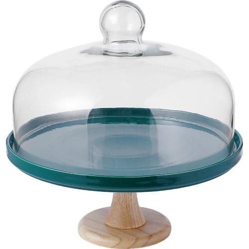 Dark Green Ceramic Dinner Plate Dish Round Glass Cover Dessert Plate Cake Tray Wooden Base Food Tray Dessert Table Display Stand