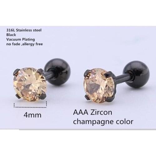 Titanium 316L Stainless Steel Screw Stud Earrings Black Plated With 4mm Champagne AAA Zircon No Fade Allergy Free