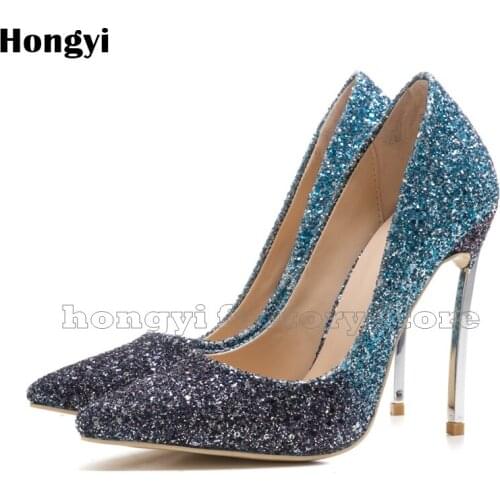 Fashion Bride Bling Bling Pointed Toe High Heel Dress Shoes Women Blade Metal Heeled Rhinestone Party Pumps