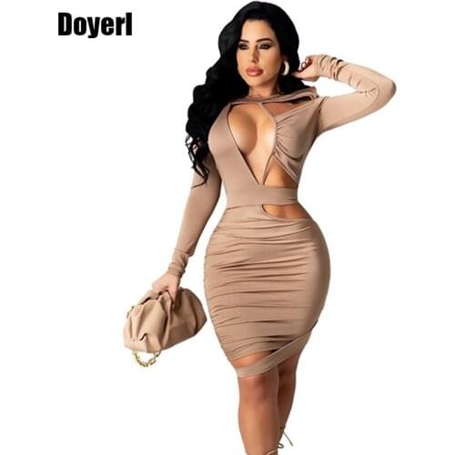 Night Club Party Bodycon Dress Women Long Sleeve Plus Size Hollow Out Sexy Dress Going Out Spring Autumn Bandage Mini Dress 2021