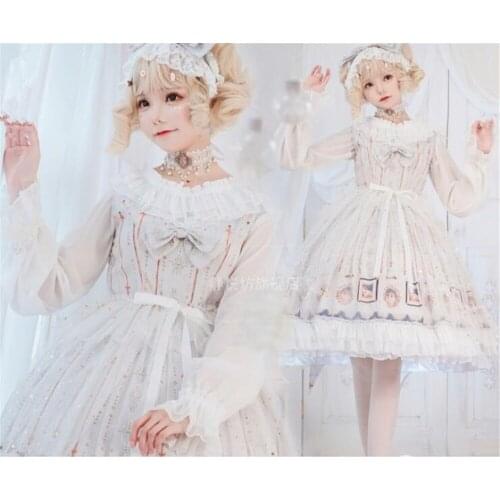 Print Palace Style Lolita Vintage Flouncing Bow OP Dress strap Sleeve Female Party Dress B825