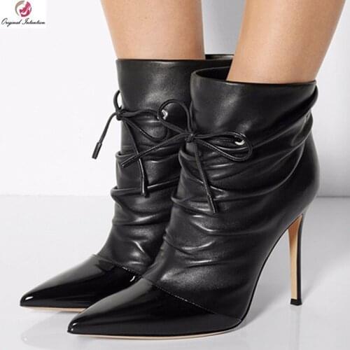 Original Intention Popular Women Ankle Boots Thin High Heels Butterfly-knot Boots Black Pointed Toe Shoes Woman Plus Size 4-15