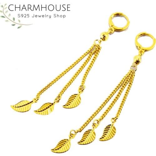 Brincos Femme Yellow Gold Color Long Tassel Earrings for Women Feather Pendients Not Allergic Party Wedding Jewelry Accessory