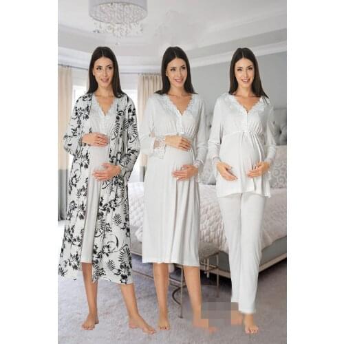 Effort Pajamas Women Long Sleeve Pajamas Set Nightgown Dressing Gown Maternity Pregnant 4 Pieces White Red Navy Blue
