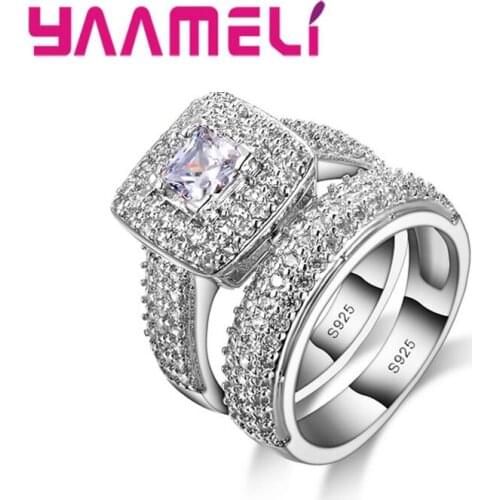 Luxury Full Rhinestones Ring Set For Women Wedding Fashion Jewelry 925 Sterling Silver Banquet Ring Set For Ladies