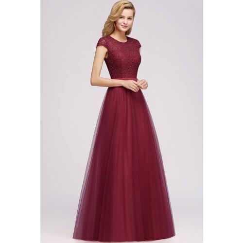 SALE Elegant 2021 Wine Red Tulle Long Evening Dress Crystal Diamond Sequins A line Cap Sleeve Evening Gown robe de soiree