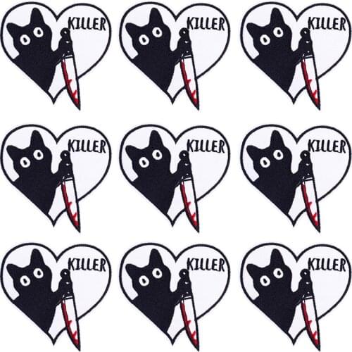 10PCS Wholesale Punk Killer Cat Embroidery Patches For Clothing Stickers Heart Iron On Patches On Clothes Iron On patch Applique