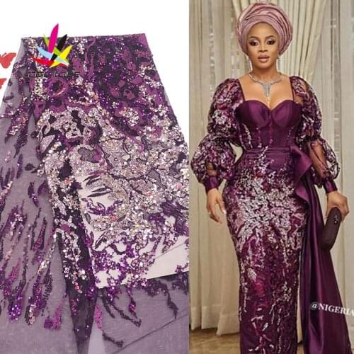2020 Sequin Lace Fabric Mesh Purple Color African Embroidery Sequence Nigerian French Party Latest High Quality Tulle Hot Sale