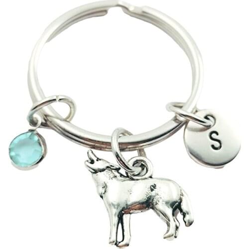 Wolf Animal Creative Initial Letter Monogram Birthstone Keychains Keyrings Fashion Jewelry Women Gifts Accessories Pendants