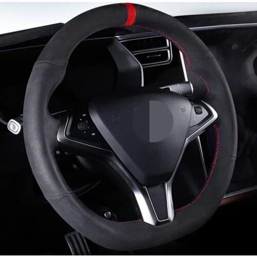 Car Steering Wheel Cover DIY Hand-Stitched Non-slip Black Suede For Tesla Model S 2009-2018 Tesla Model X 2012-2018