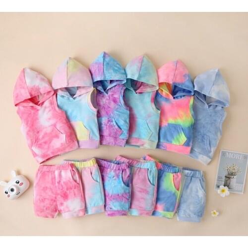 Children 2pcs Sport Wear Summer Infant Kids Tracksuits Sleeveless Hooded Tie-dye Printed Tops+Shorts Baby Boys Girls Outfits