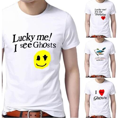 Kanye West Graffiti Letter Print T Shirts Sweatshirt Men Harajuku Hip Hop Inspirational Quote Lucky Me Graphic Smile Face Tshirt
