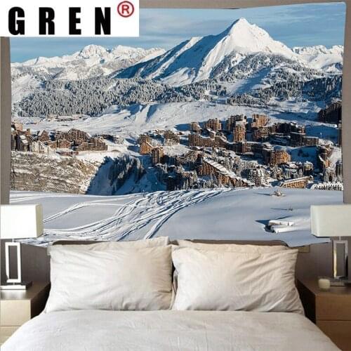 GREN Beautiful Snow Mountain Forest Landscape Tapestry Polyester Psychedelic Wall Art hanging Hippie Bed Living room Home Decor