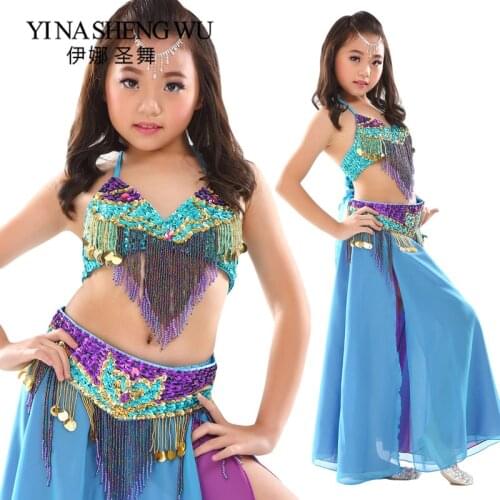 Girls Belly Dance Set New Children Dance Practice Costumes Beaded Tassel Chiffon Split Stage Performance Dancewear 2Pcs/3Pcs Set