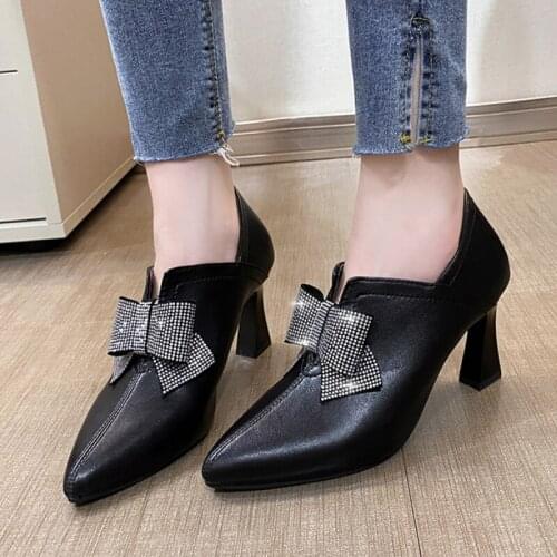 Lucyever Crystal Bow High Heels Bootiea Women Classic Black Pointed Toe Thin Heels Ankle Boots Woman Slip-on Office Shoes Ladies