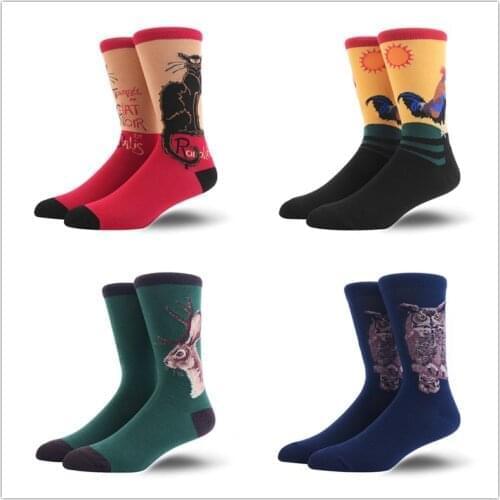Adult Cotton Happy Punky Fun Fancy Funny Lovely Crew Socks Cartoon Dawn Cock Rooster Sika Green Elk Deer Red Cat Dark Night Owl