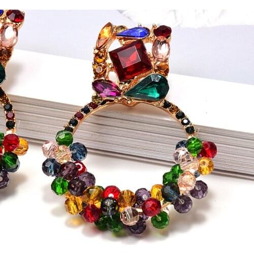 Wholesale New Long Metal Hollowed-out Hanging Colorful Crystals Dangle Drop Earrings Fine Jewelry Accessories For Women серьги