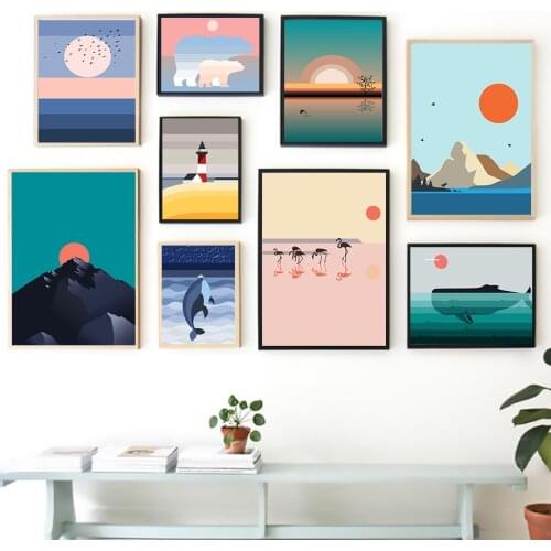 Simple Landscape Bear Bird Cartoon Animal Wall Art Canvas Painting Nordic Posters And Prints Wall Pictures For Living Room Decor