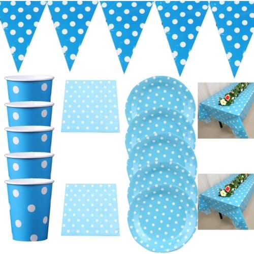 Blue Dots Theme Napkins Hanging Banner Birthday Party Flags Plates Cups Tablecloth Decorate Boys Kids Favors Bunting 51pcs/lot