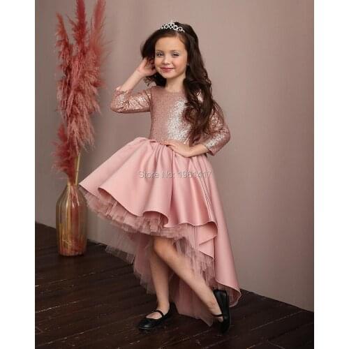 Bling Bling Top Baby Girls Dress for Ceremony Clothing Pink Tutu Party Wear High-Low Girls Dresses Kids First Birthday Gown