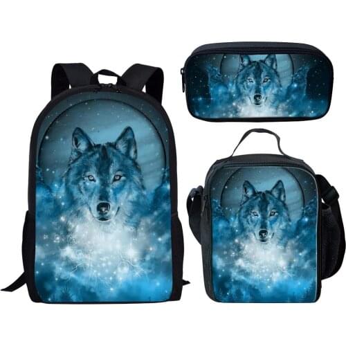 3Pcs/Set School Shoulder Bag for Teen Kids Blue Wolf Cool Pattern Large Size Student Backpack Children Fashion Travel Bag