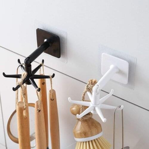 360° Rotating Folding Hook Wall-mounted Top-mounted Dual-use Self Adhesive 6 Hooks Kitchen Bathroom Hook Hanging Rack Ties Bag H