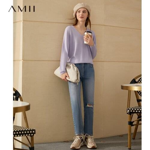 Amii Minimalism Winter Simple Womens Sweater Fashion 100%wool Solid Vneck Loose Female Pullover Tops Winter Coat Women 12041046