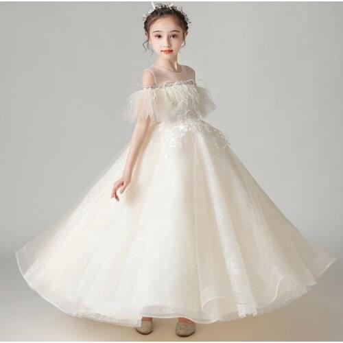 Champagne Tulle Beads Flower Girl Dresses For Wedding Evening Fashionable Pageant Gown Off Shoulder Holy Communion Dresses