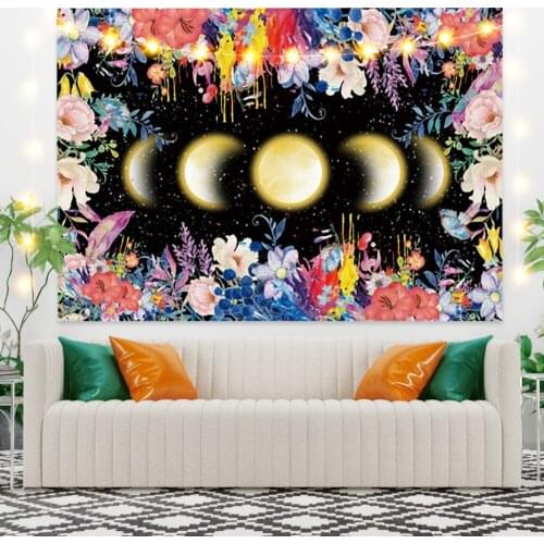 Yellow Moom with Flower Scenery Tapestry Vintage Exotic Summer Plant Nature Frame for Bedroom Photography Wall Decor