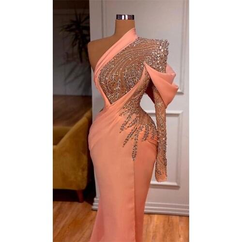 2021 Arabic Beaded Mermaid Prom Dresses Luxury One Shoulder Long Sleeve Crystal Women Formal Plus Size Evening Gowns